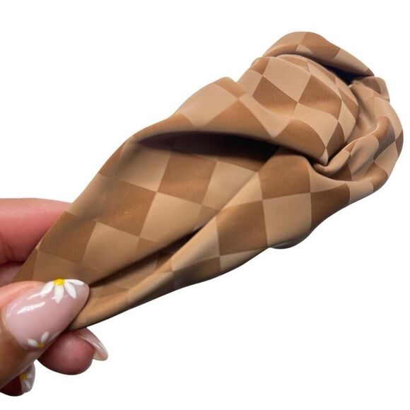 Brown Checkered Faux Leather Ruched Headband | Structured Handmade Accessory - Picture 5 of 7